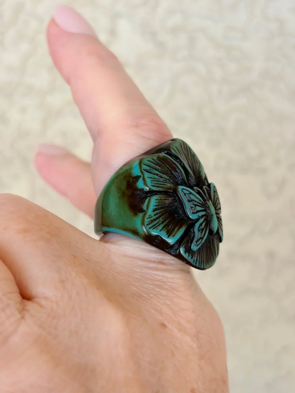 Chunky Acrylic Green Floral Butterfly Statement Ring